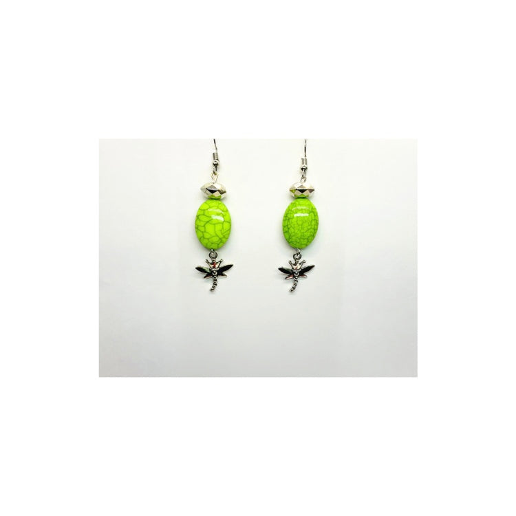 Lime Green Dangle Earrings with Dragonfly Charm