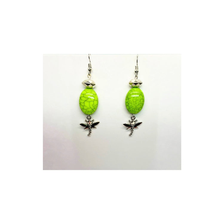 Lime Green Dangle Earrings with Dragonfly Charm