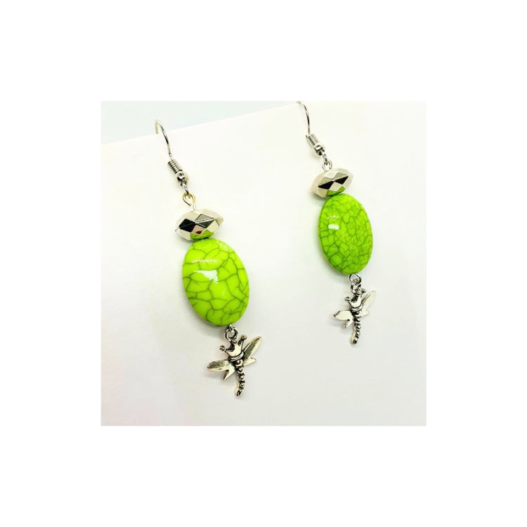 Lime Green Dangle Earrings with Dragonfly Charm