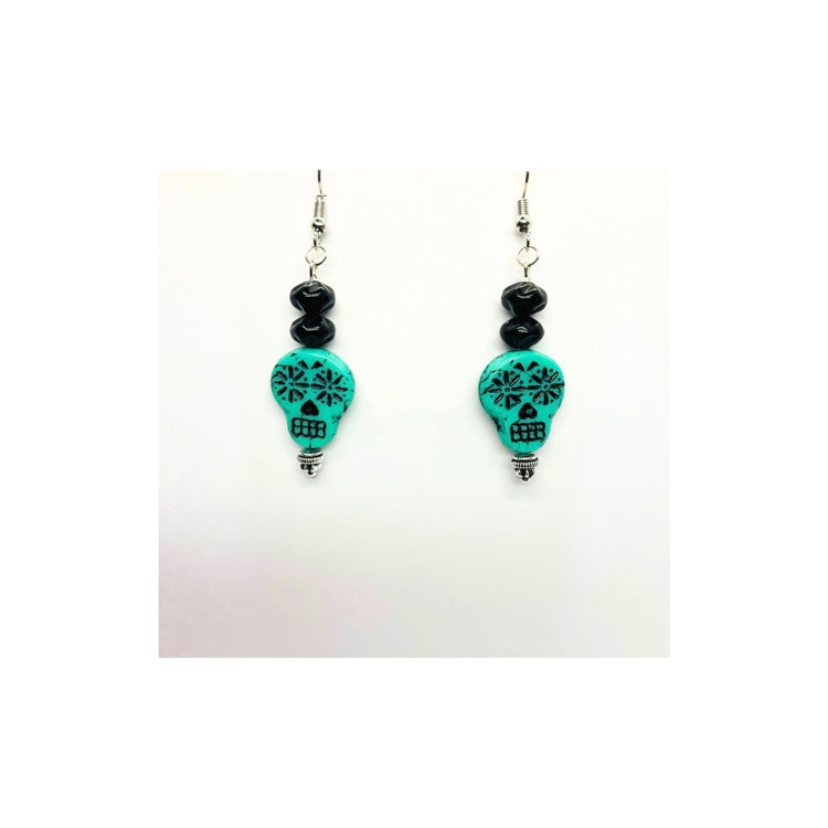 Teal and Black Sugar Skull Dangle Earring