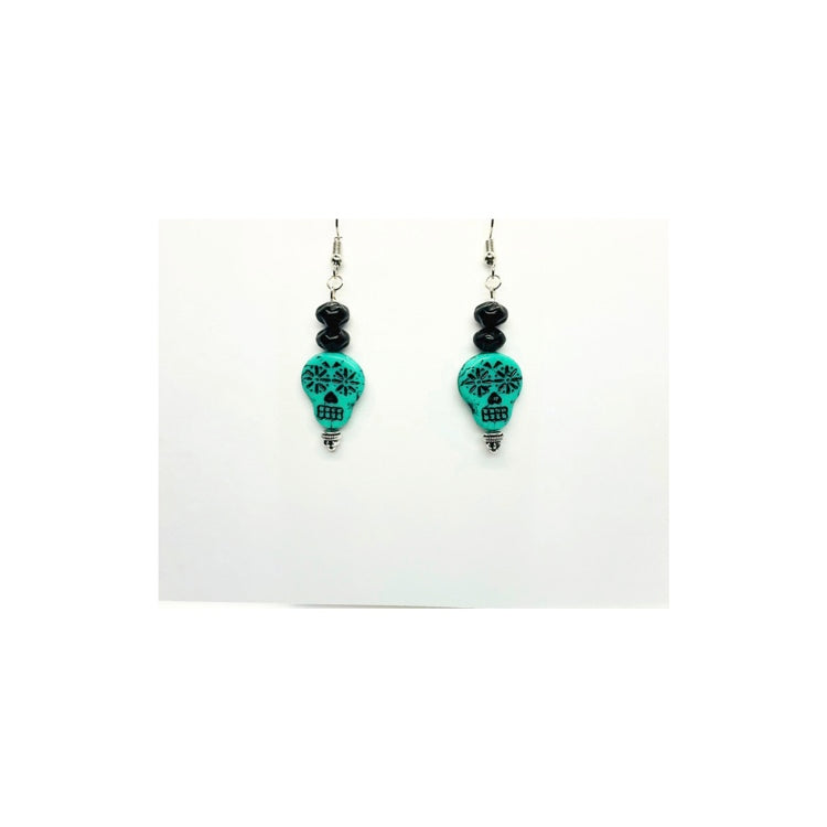 Teal and Black Sugar Skull Dangle Earring
