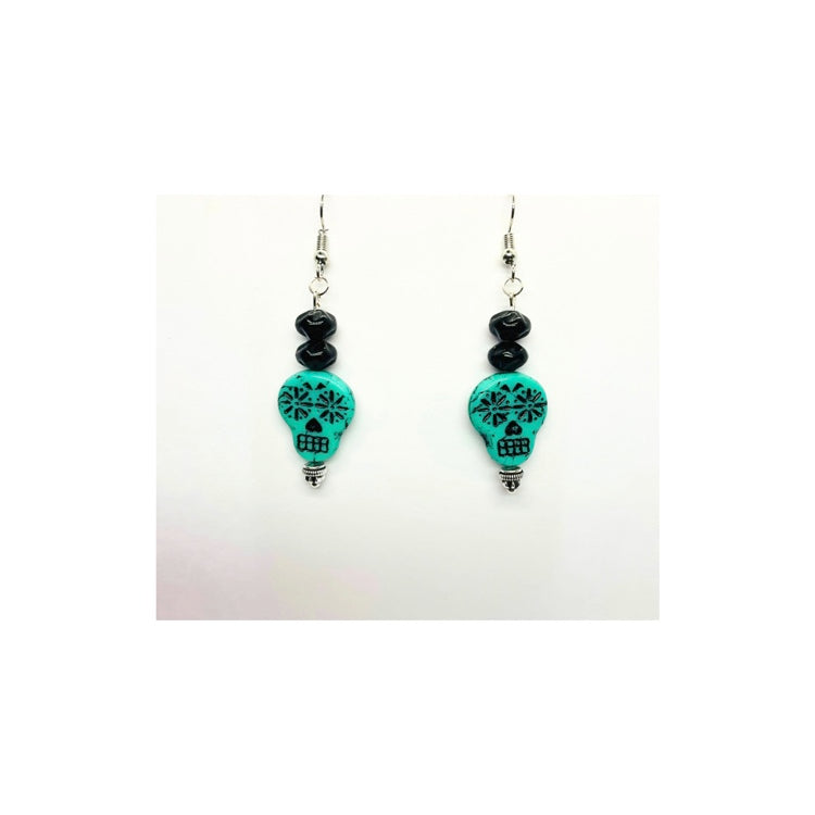 Teal and Black Sugar Skull Dangle Earring
