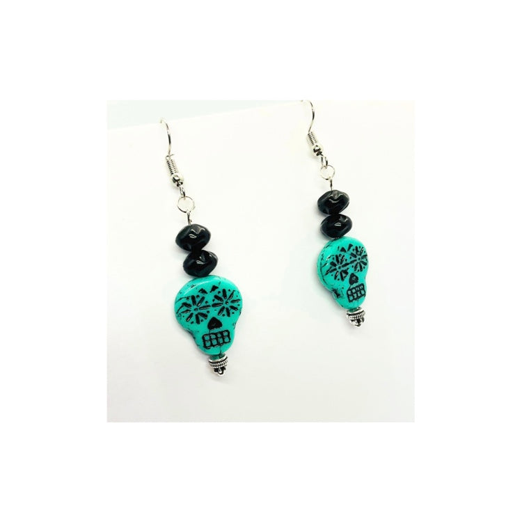 Teal and Black Sugar Skull Dangle Earring