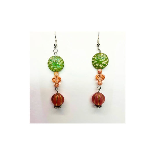 Pink and Green Glass Dangle Bead Earrings