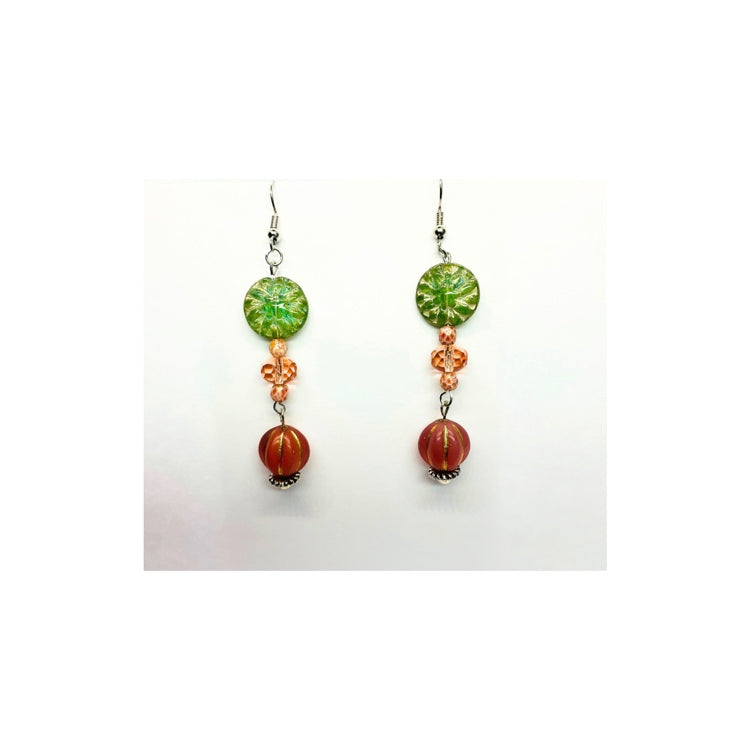 Pink and Green Glass Dangle Bead Earrings