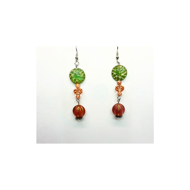 Pink and Green Glass Dangle Bead Earrings