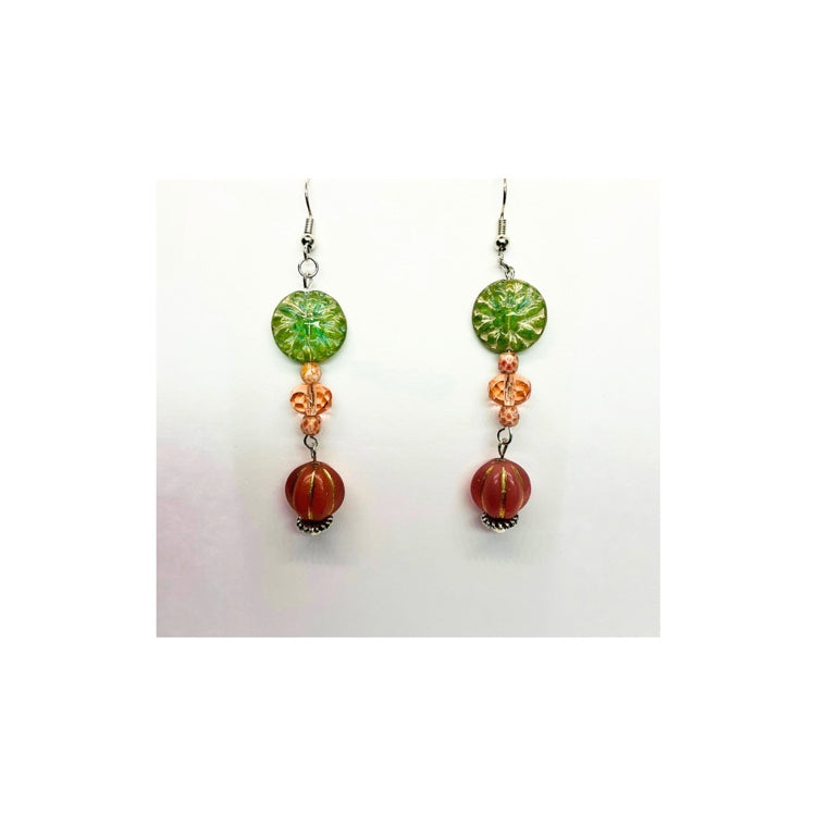Pink and Green Glass Dangle Bead Earrings