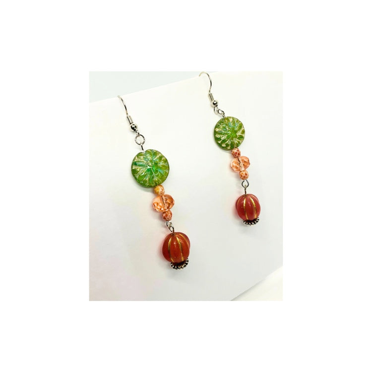 Pink and Green Glass Dangle Bead Earrings