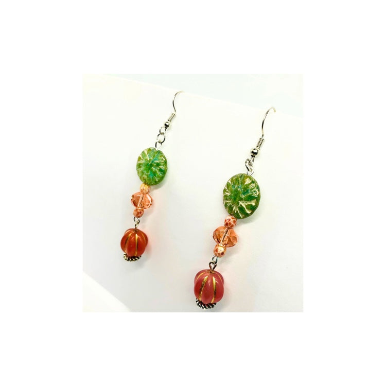 Pink and Green Glass Dangle Bead Earrings