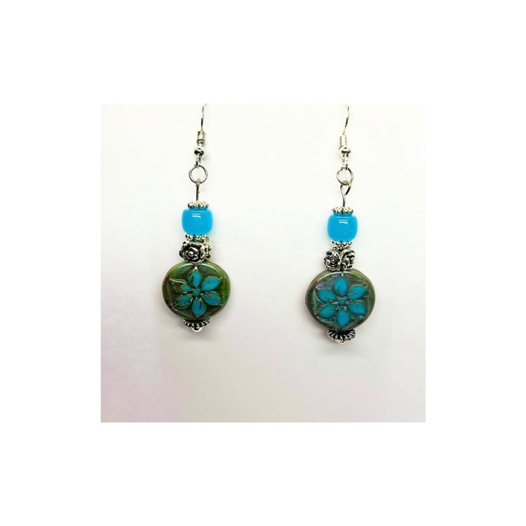 Chezh Blue and Green Flower Bead with Silver and Blue Bead Embellishment