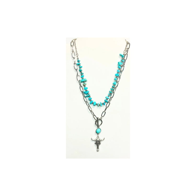 Silver and Turquoise Layered Necklace Set with Cow Head Charm