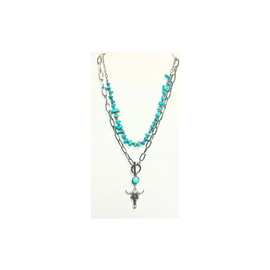 Silver and Turquoise Layered Necklace Set with Cow Head Charm
