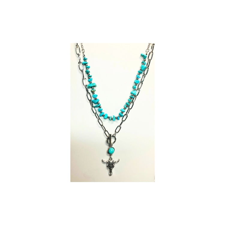 Silver and Turquoise Layered Necklace Set with Cow Head Charm