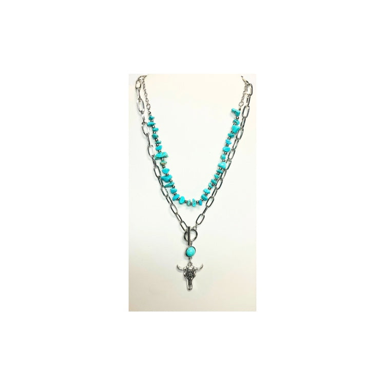 Silver and Turquoise Layered Necklace Set with Cow Head Charm