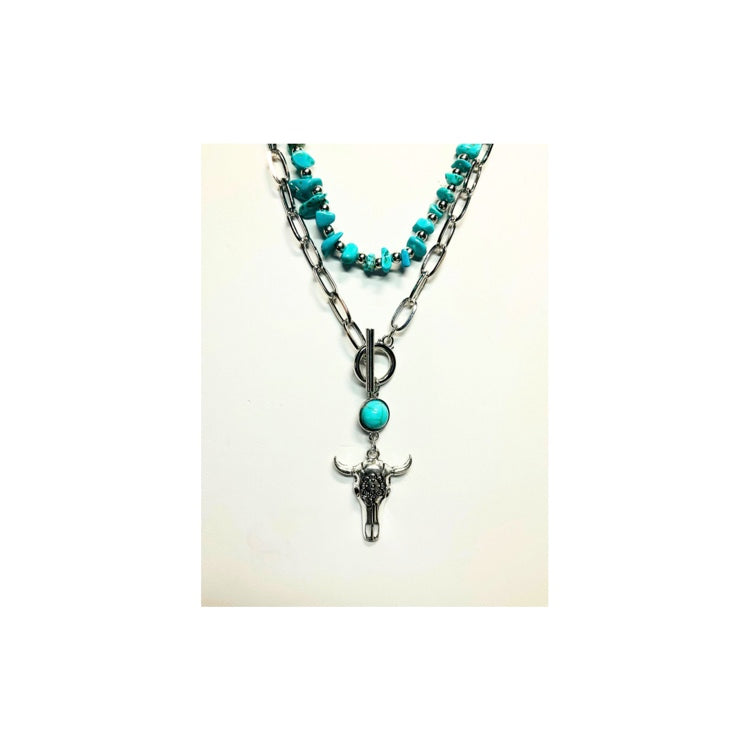 Silver and Turquoise Layered Necklace Set with Cow Head Charm