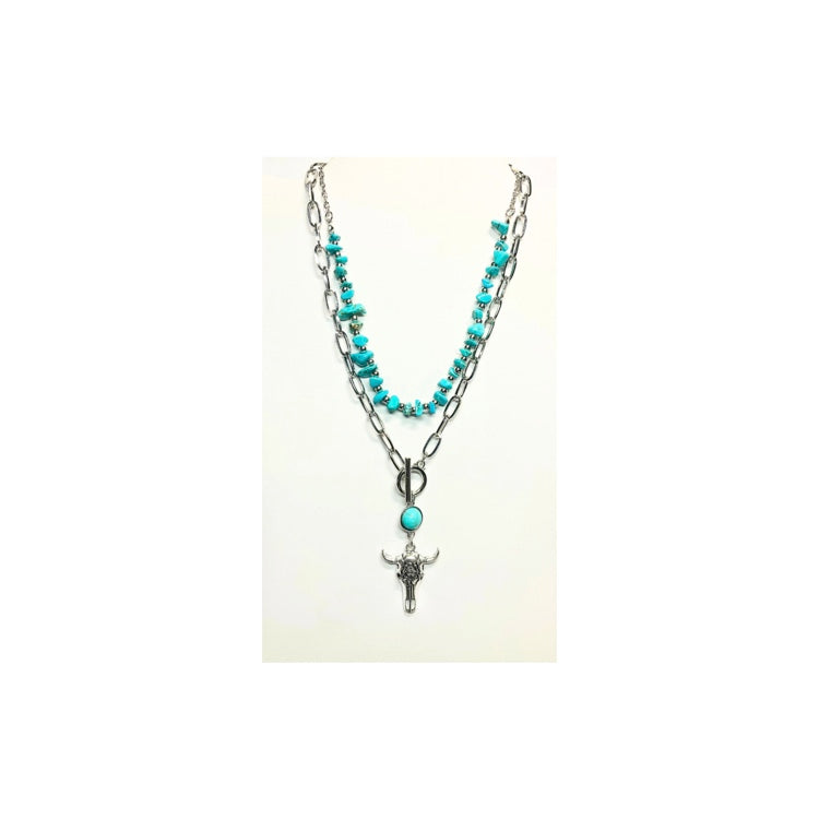 Silver and Turquoise Layered Necklace Set with Cow Head Charm