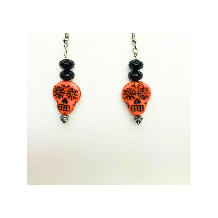 Orange and Black Sugar Skull Dangle Earring