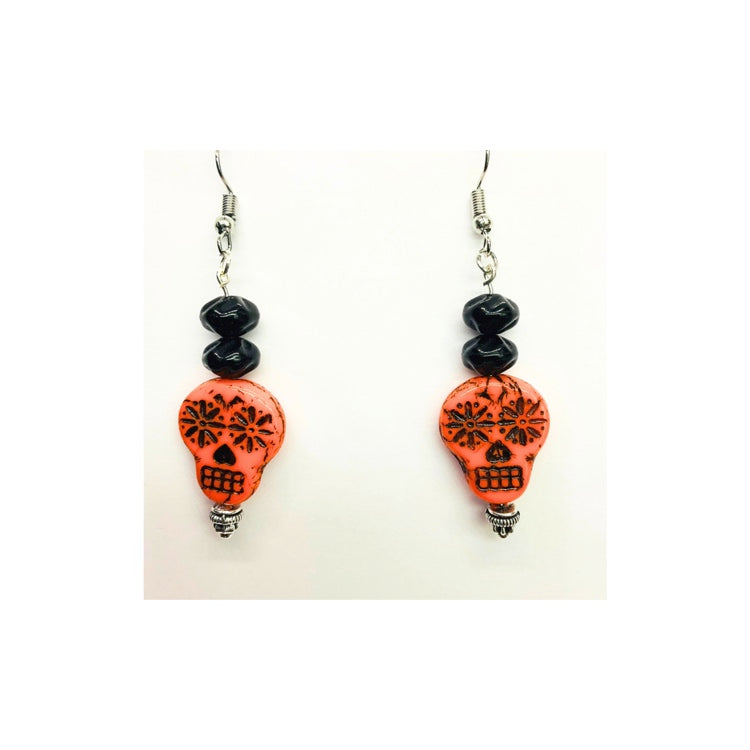 Orange and Black Sugar Skull Dangle Earring