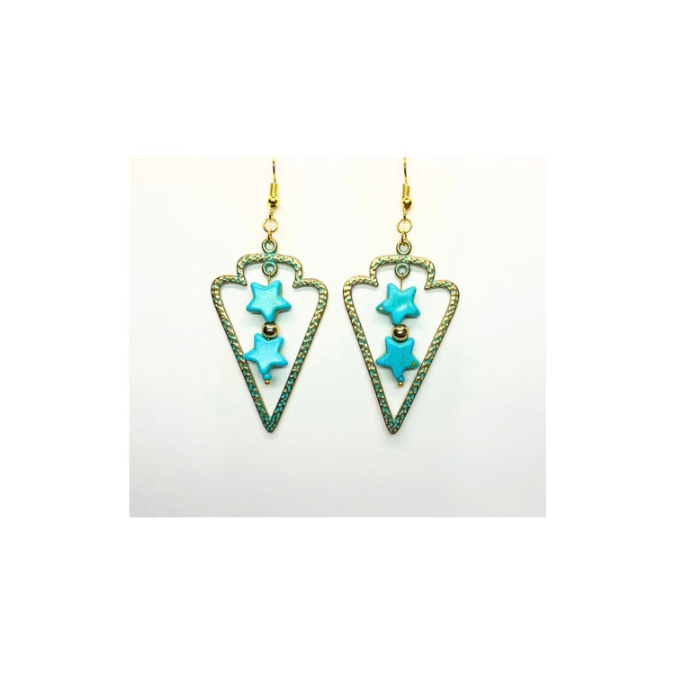 Patina Tarnished Arrowhead Dangle with Turquoise Star Charm Earrings