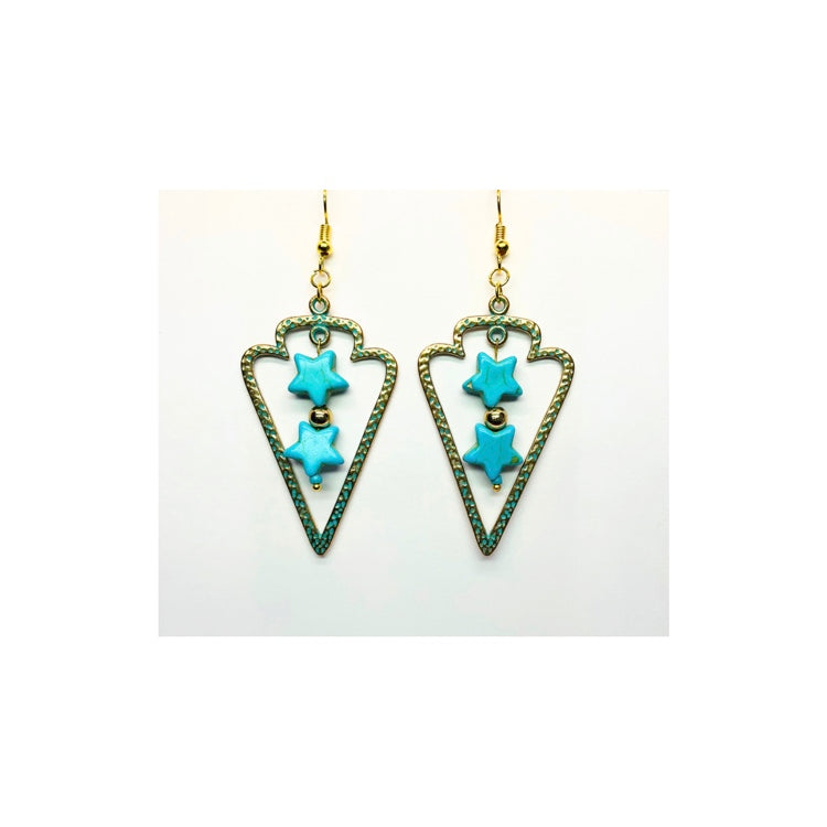 Patina Tarnished Arrowhead Dangle with Turquoise Star Charm Earrings