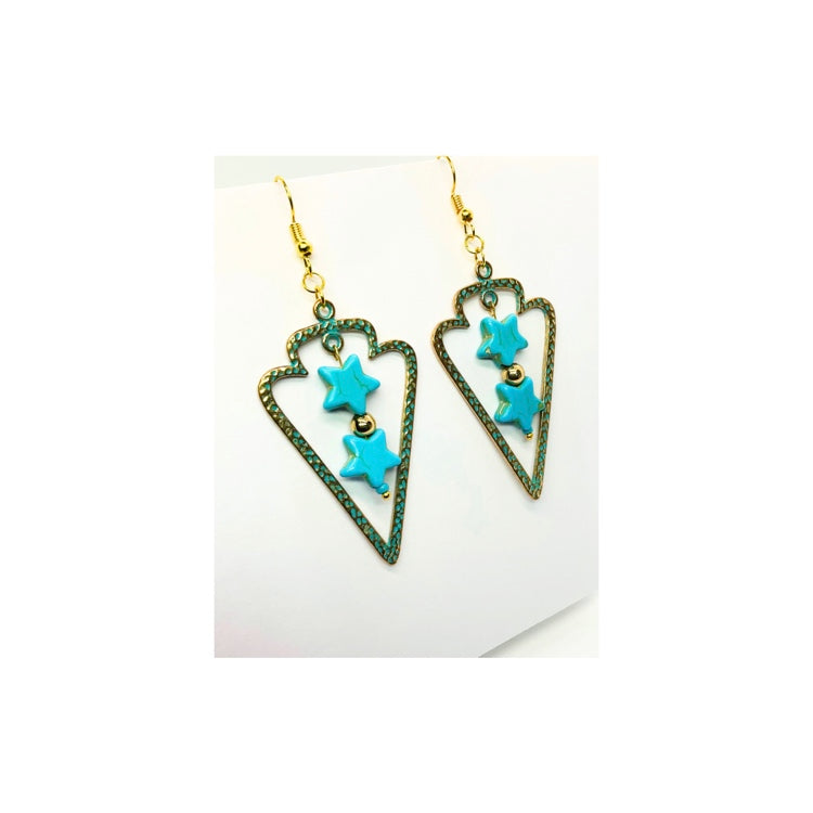 Patina Tarnished Arrowhead Dangle with Turquoise Star Charm Earrings