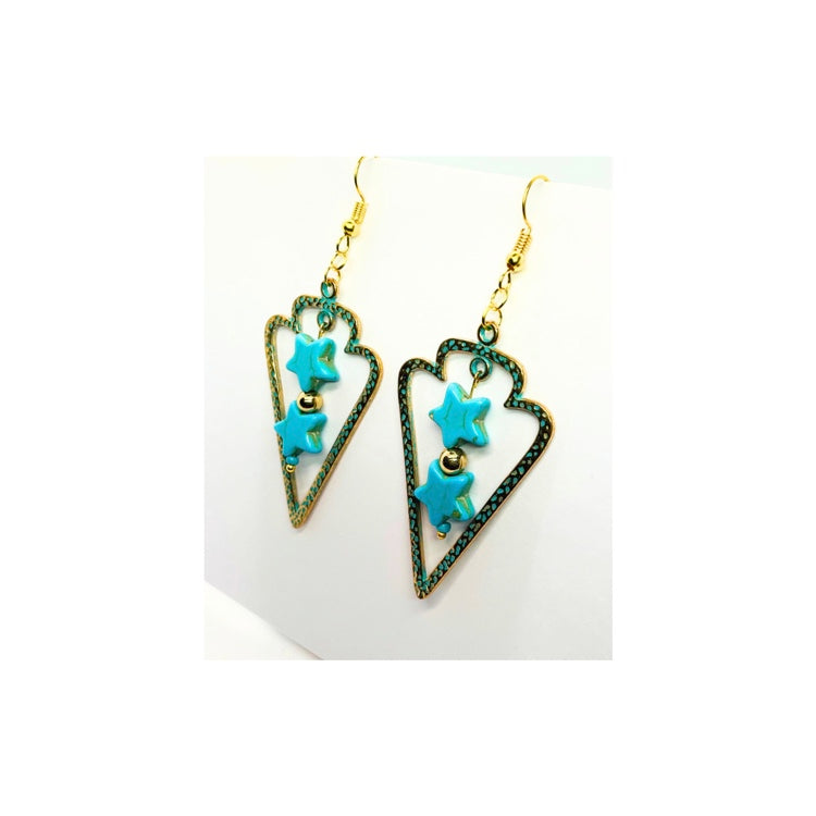 Patina Tarnished Arrowhead Dangle with Turquoise Star Charm Earrings