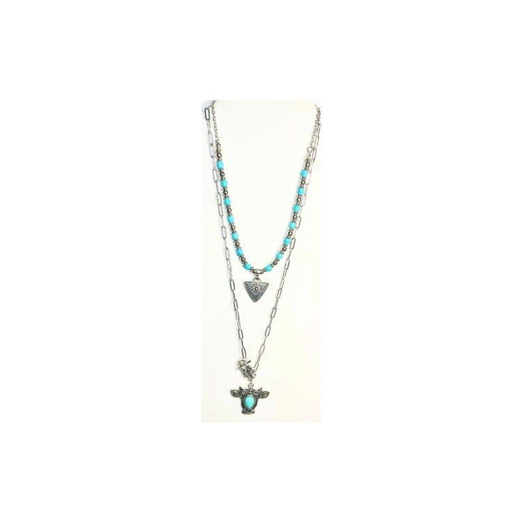 Silver and Turquoise Layered Necklace with Cow Charm