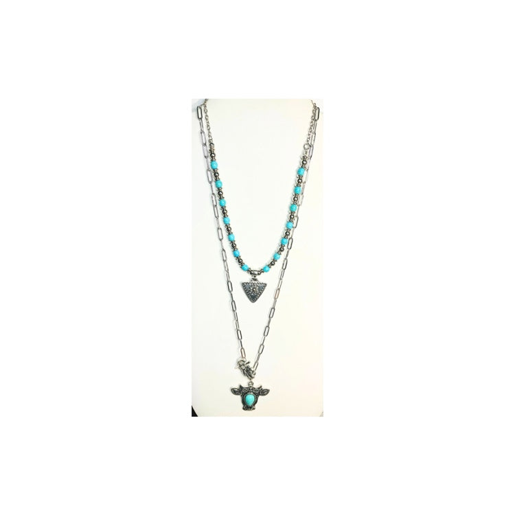Silver and Turquoise Layered Necklace with Cow Charm
