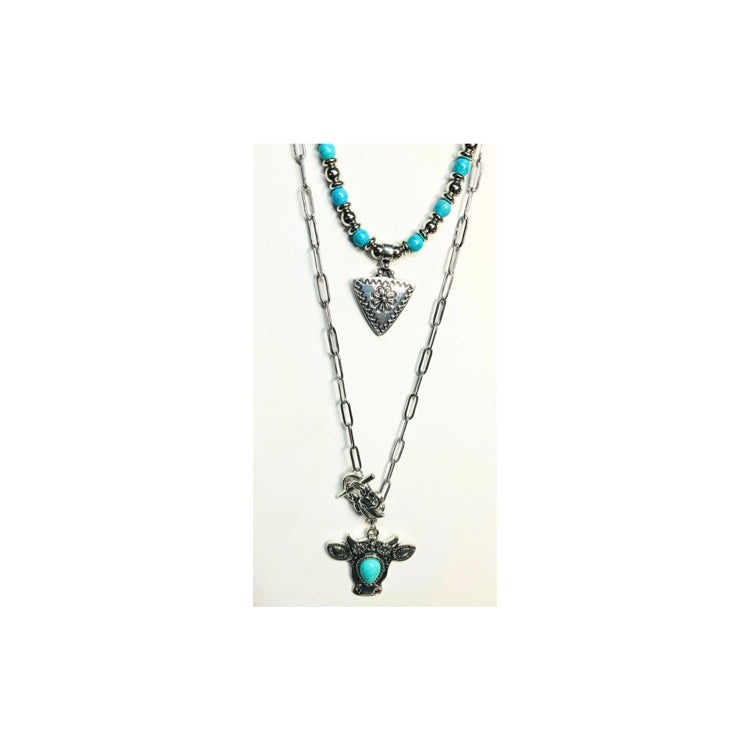 Silver and Turquoise Layered Necklace with Cow Charm