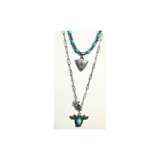 Silver and Turquoise Layered Necklace with Cow Charm