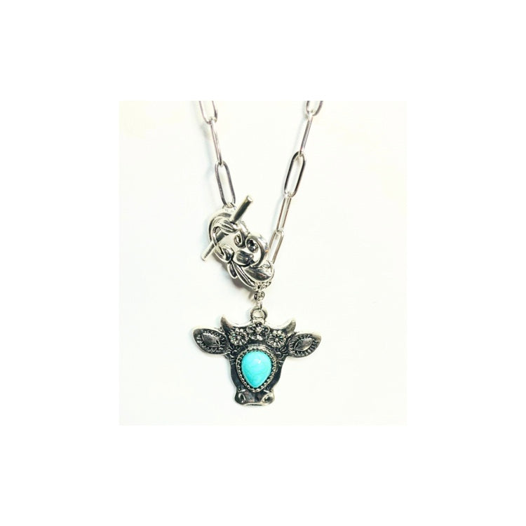Silver and Turquoise Layered Necklace with Cow Charm