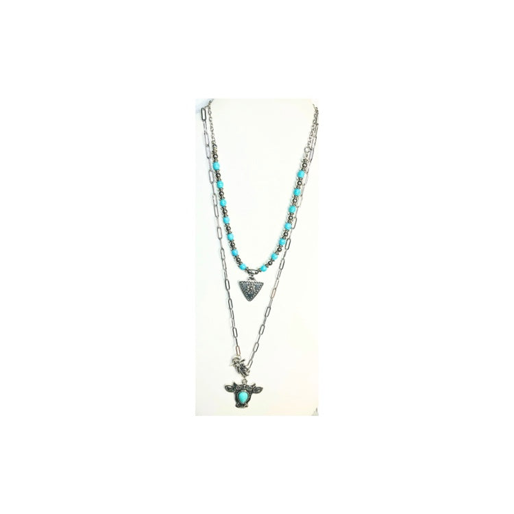 Silver and Turquoise Layered Necklace with Cow Charm