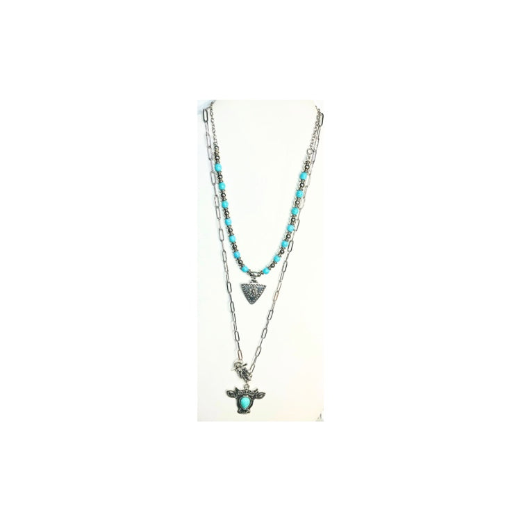 Silver and Turquoise Layered Necklace with Cow Charm