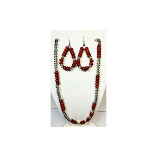 Silver and Brown Beaded Necklace with Teardrop Dangle Earring Set