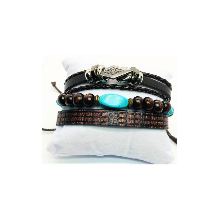 Faux Leather Set of Three Turquoise and Silver Bracelets with Wood Beads and Turquoise Stone Accents Elegant Stylish Design