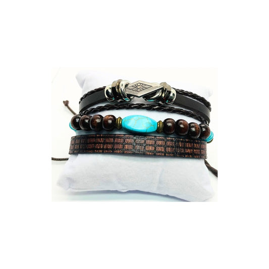 Faux Leather Set of Three Turquoise and Silver Bracelets with Wood Beads and Turquoise Stone Accents Elegant Stylish Design