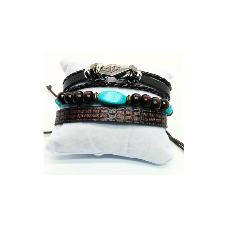 Faux Leather Set of Three Turquoise and Silver Bracelets with Wood Beads and Turquoise Stone Accents Elegant Stylish Design