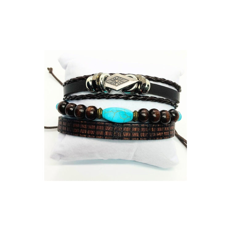 Faux Leather Set of Three Turquoise and Silver Bracelets with Wood Beads and Turquoise Stone Accents Elegant Stylish Design