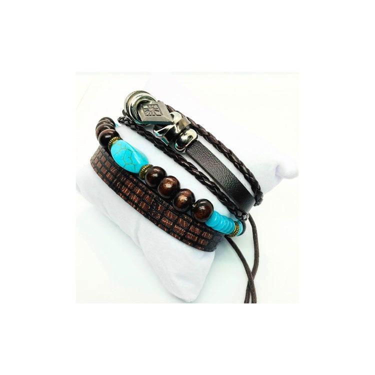 Faux Leather Set of Three Turquoise and Silver Bracelets with Wood Beads and Turquoise Stone Accents Elegant Stylish Design