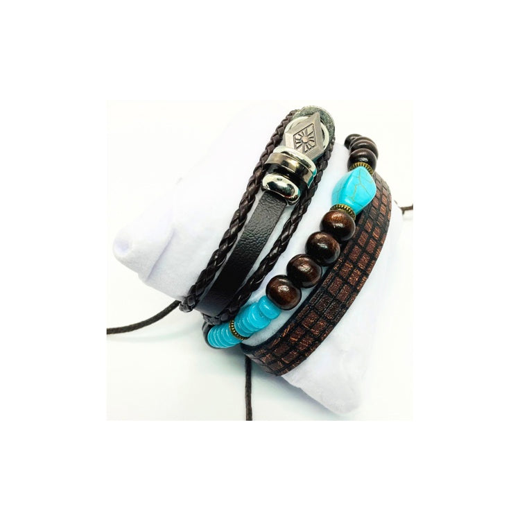Faux Leather Set of Three Turquoise and Silver Bracelets with Wood Beads and Turquoise Stone Accents Elegant Stylish Design