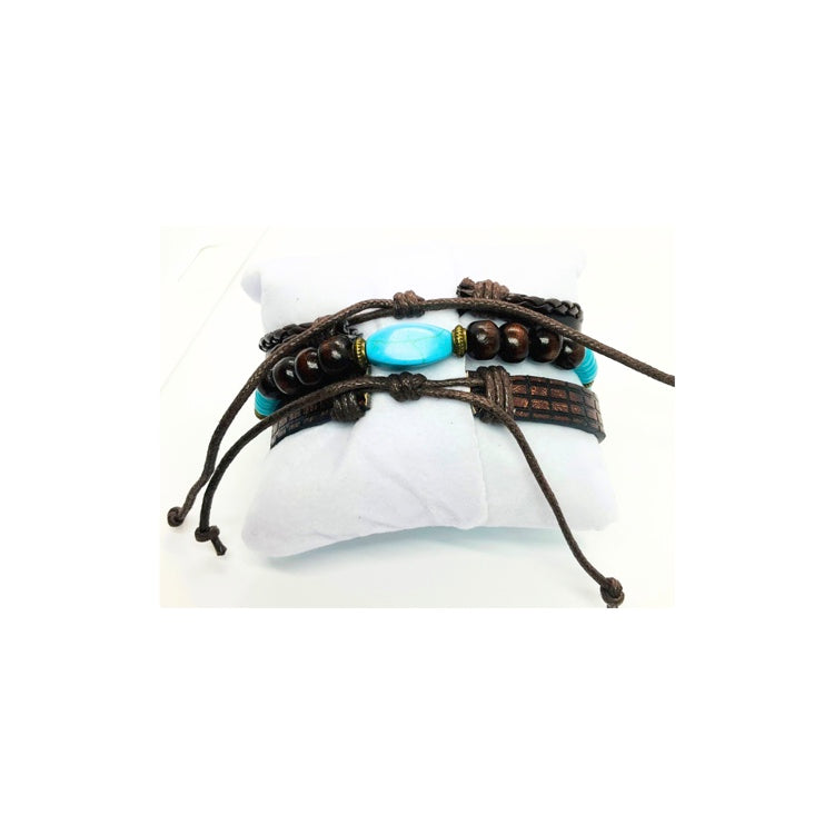 Faux Leather Set of Three Turquoise and Silver Bracelets with Wood Beads and Turquoise Stone Accents Elegant Stylish Design