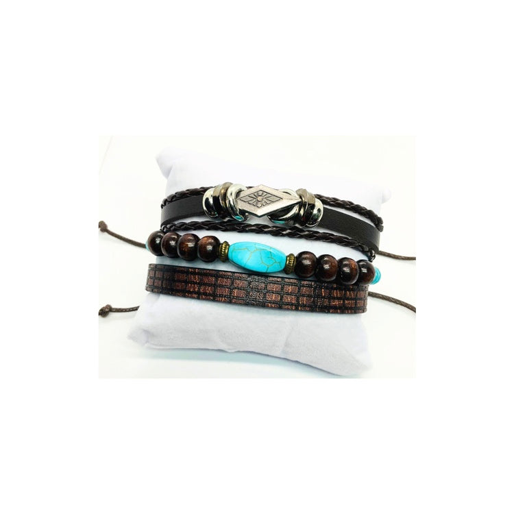 Faux Leather Set of Three Turquoise and Silver Bracelets with Wood Beads and Turquoise Stone Accents Elegant Stylish Design
