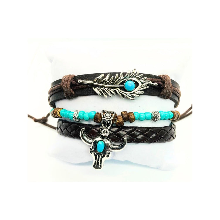 Faux Leather Turquoise and Silver Set of Three Bracelets with Cow Head Charm & Feather Pendant Fashion Jewelry for Any Occasion