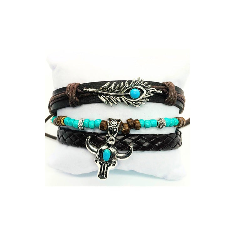 Faux Leather Turquoise and Silver Set of Three Bracelets with Cow Head Charm & Feather Pendant Fashion Jewelry for Any Occasion