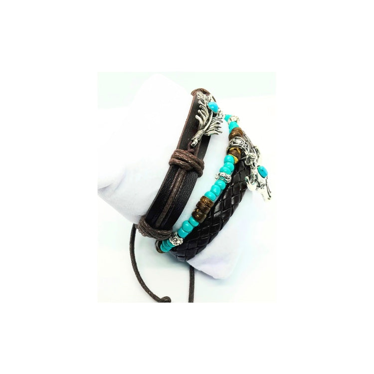 Faux Leather Turquoise and Silver Set of Three Bracelets with Cow Head Charm & Feather Pendant Fashion Jewelry for Any Occasion