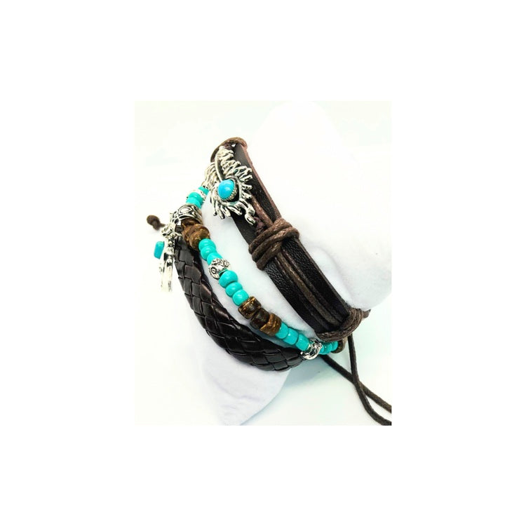 Faux Leather Turquoise and Silver Set of Three Bracelets with Cow Head Charm & Feather Pendant Fashion Jewelry for Any Occasion
