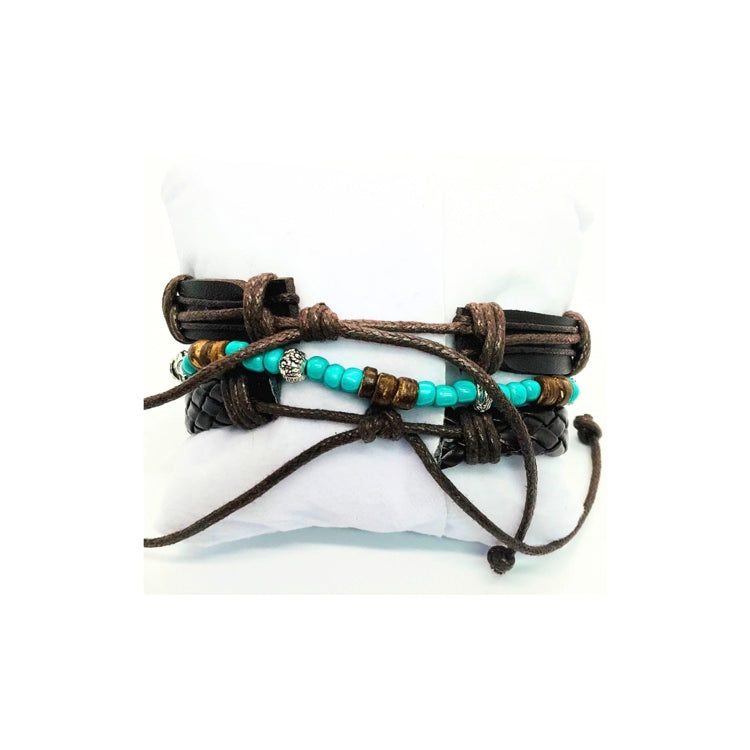 Faux Leather Turquoise and Silver Set of Three Bracelets with Cow Head Charm & Feather Pendant Fashion Jewelry for Any Occasion