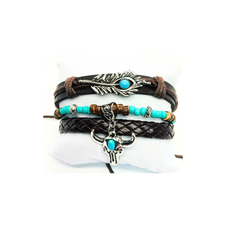 Faux Leather Turquoise and Silver Set of Three Bracelets with Cow Head Charm & Feather Pendant Fashion Jewelry for Any Occasion
