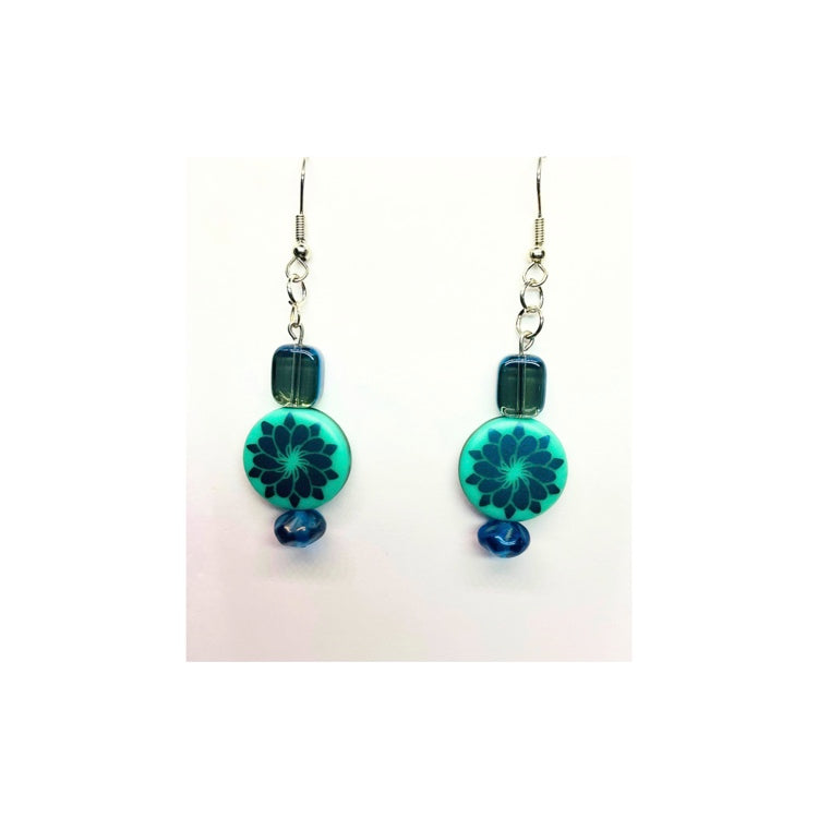 Czech Blue and Green Dangle Earrings with Kaleidoscope Design