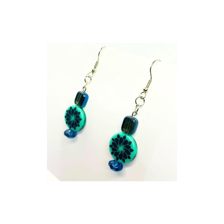 Czech Blue and Green Dangle Earrings with Kaleidoscope Design